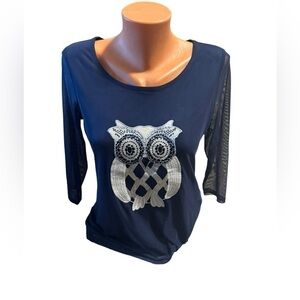 Rara Avis by Iris Apfel Deep Navy Owl Print Top Blouse XS Trendy Minimalist